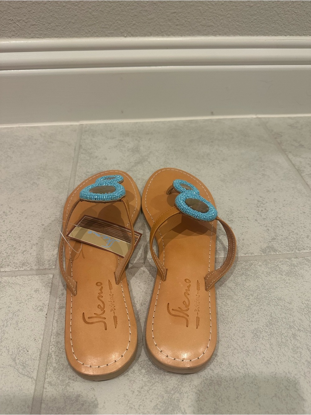 Skemo Tan Leather Sandal with Turquoise Beaded Accent